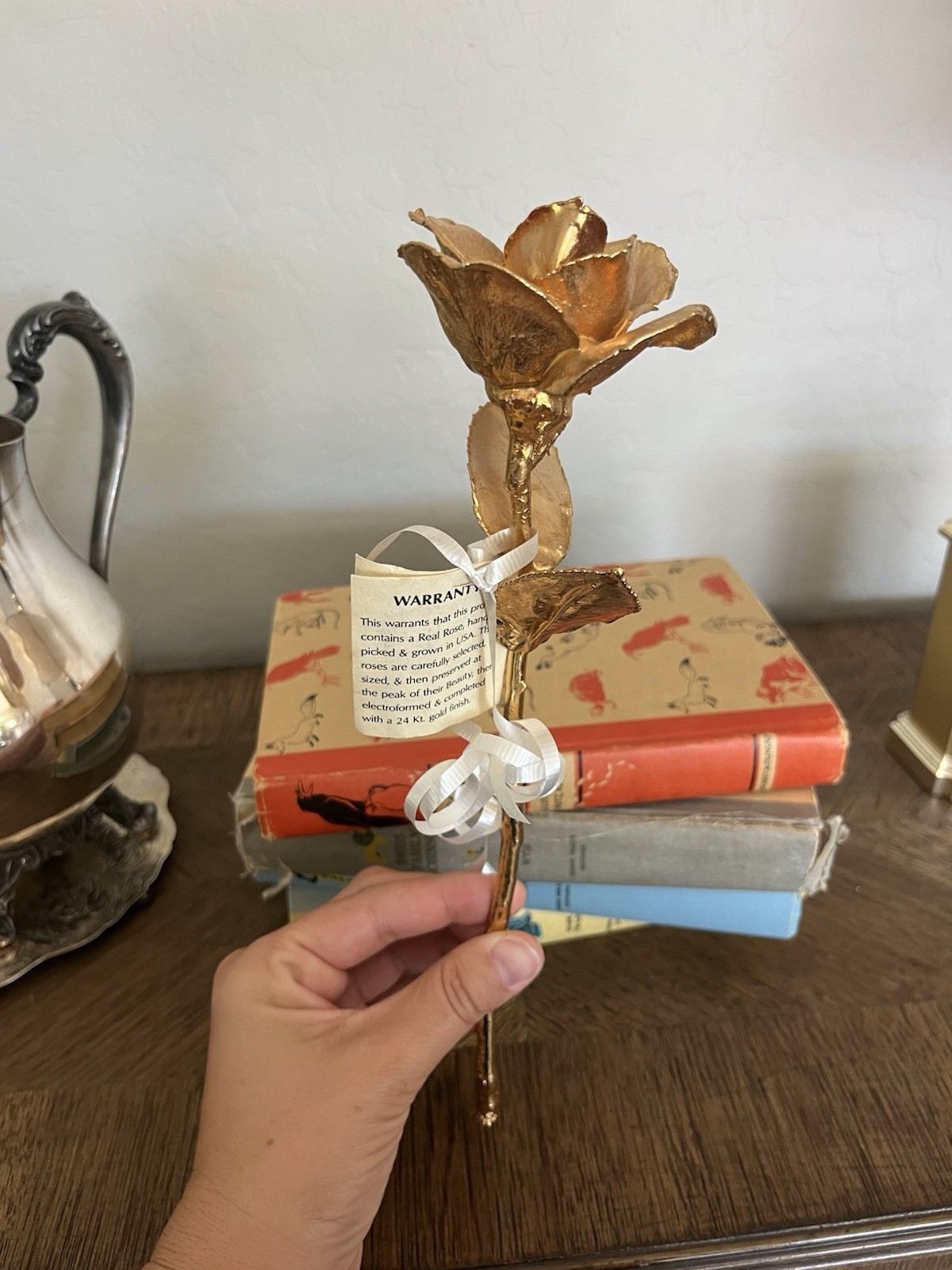 Real Rose Stem Dipped in 24K Gold Finish Metal Floral Décor, Gold Color