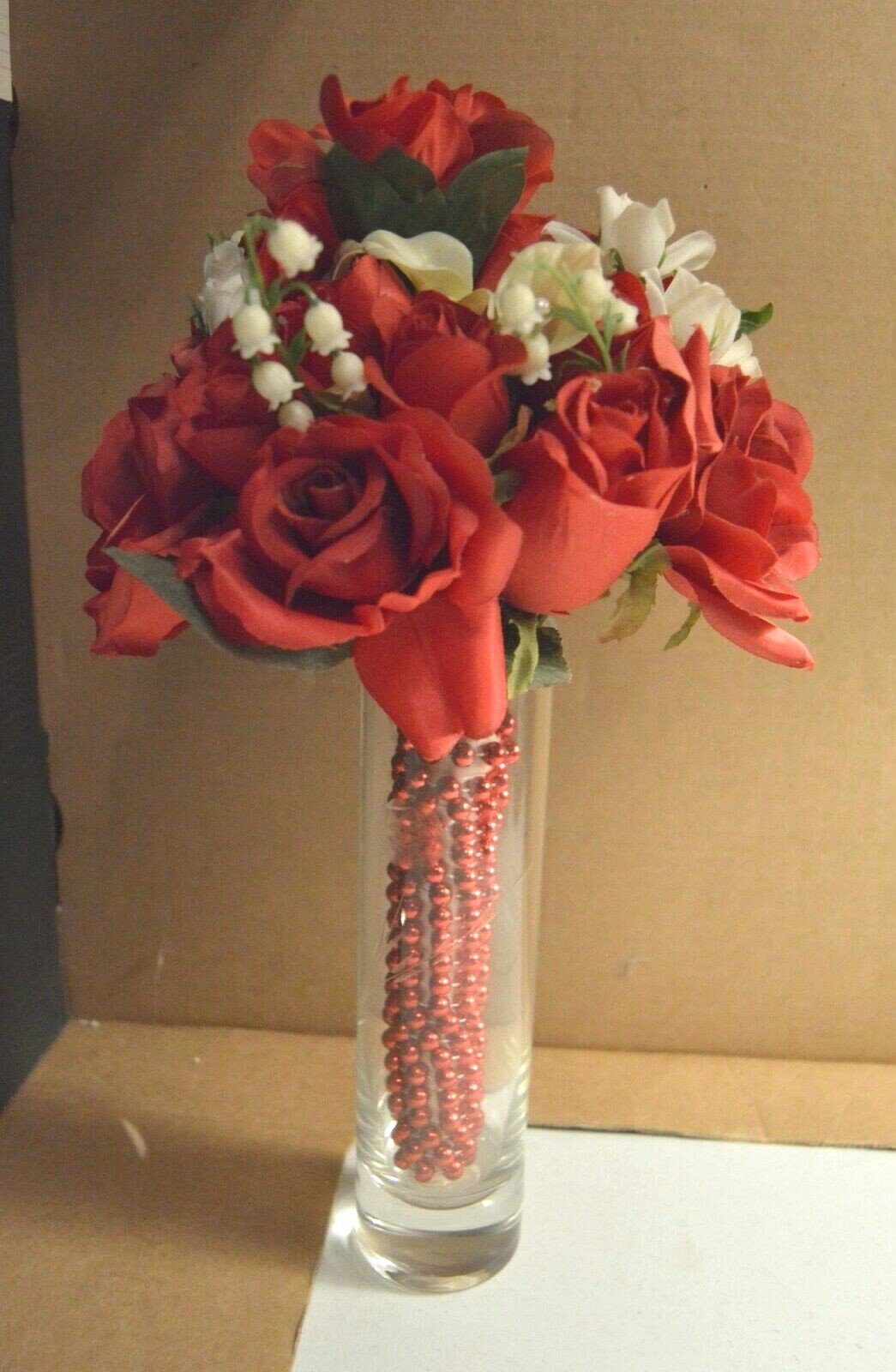 Artificial Roses Flowers Bouquet with Cut Crystal Vase ~14″ Tall Overall
