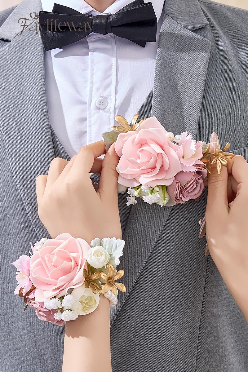 Pink Rose Corsage and Boutonniere Set Prom Flower Wrist Corsage for Wedding B…