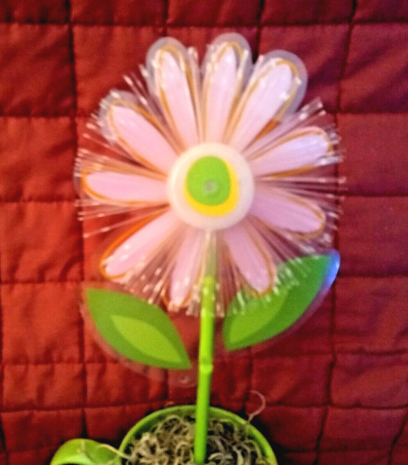 Fiber Optic Color Changing Plastic Flower Daisy in a Green Ceramic Mug Pot