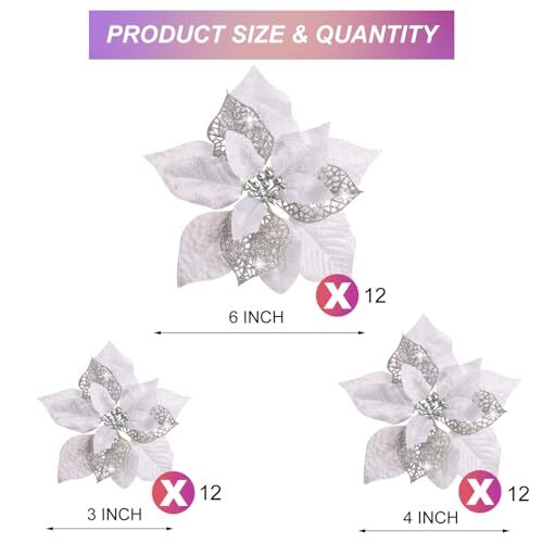 36 Pieces Christmas Poinsettia Glitter Faux Flowers Christmas Silver