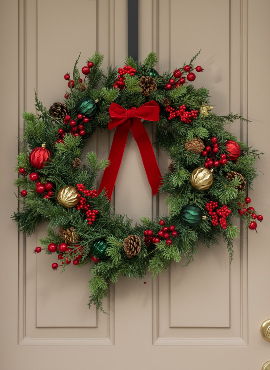 Handmade Christmas Wreath with Red Berries, Pinecones, Shatterproof Ornaments