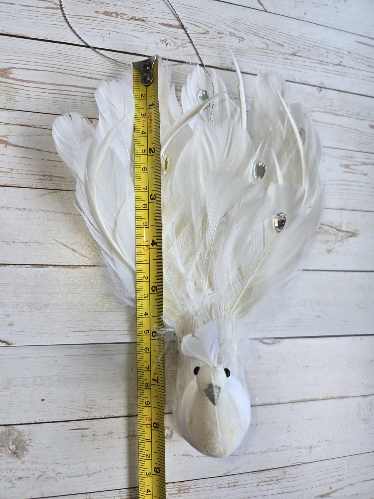 5~Artificial White Peacock Bird Glitter Gems Feather Decoration Hang or Clip-On