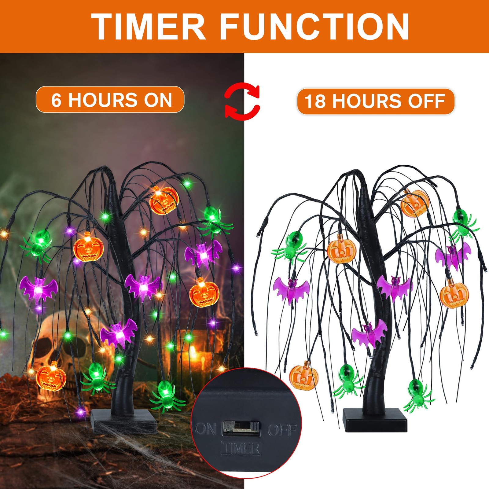 Halloween Decorations 18 Inch Tree with Pumpkin Bat Spider 36 LED Lights Indoor