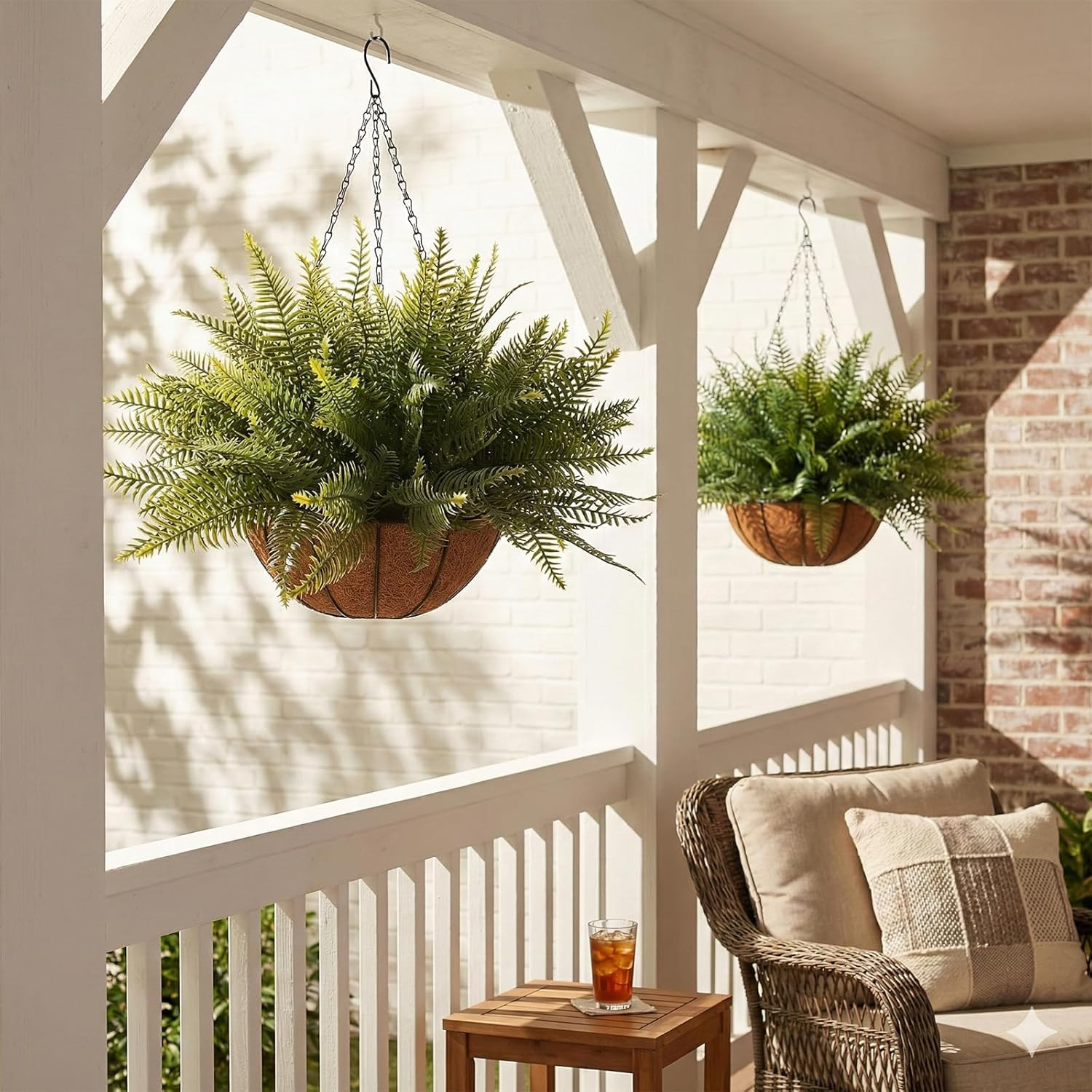 2 Pcs Fake Ferns Hanging Baskets, Artificial Hanging Plants Outdoor, 2 Hanging P