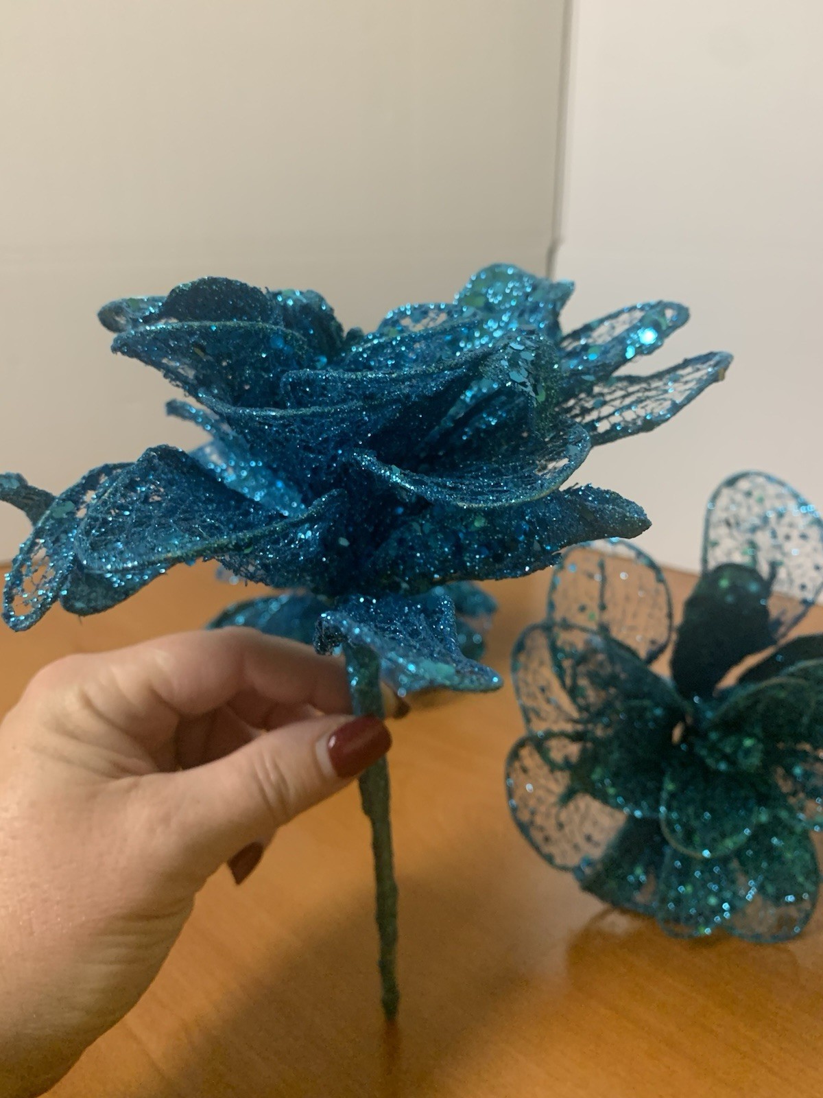 Lot Of 3 Glittered Turquoise Floral Stems 10” X 6”