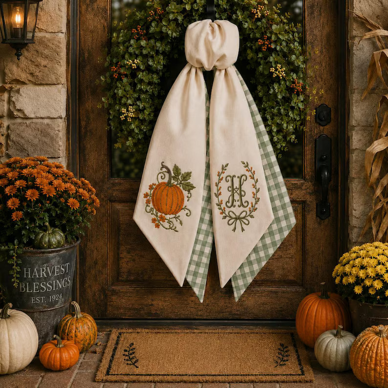 Custom Embroidered Monogrammed Pumkin Halloween Thanksgiving Fall Wreath Sash