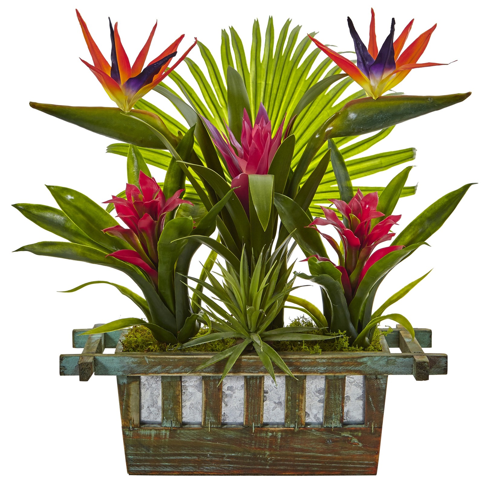 19 Inch Birds of Paradise and Bromeliad Faux Plant Arrangement in Wooden Planter