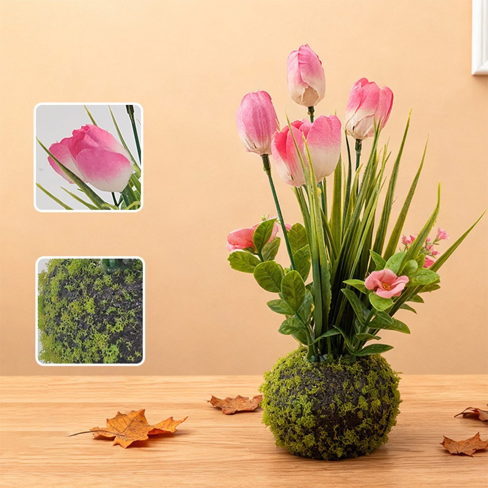 Artificial Pink Tulip in Decorative Moss Ball 7.5cm 23cm for Bookshelf