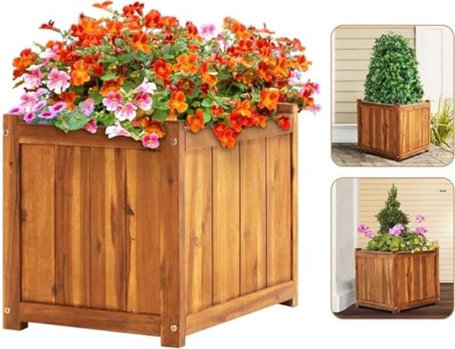 Hardwood Outdoor Flower Box, Durable Acacia Wood Flower Boxes Square Natural