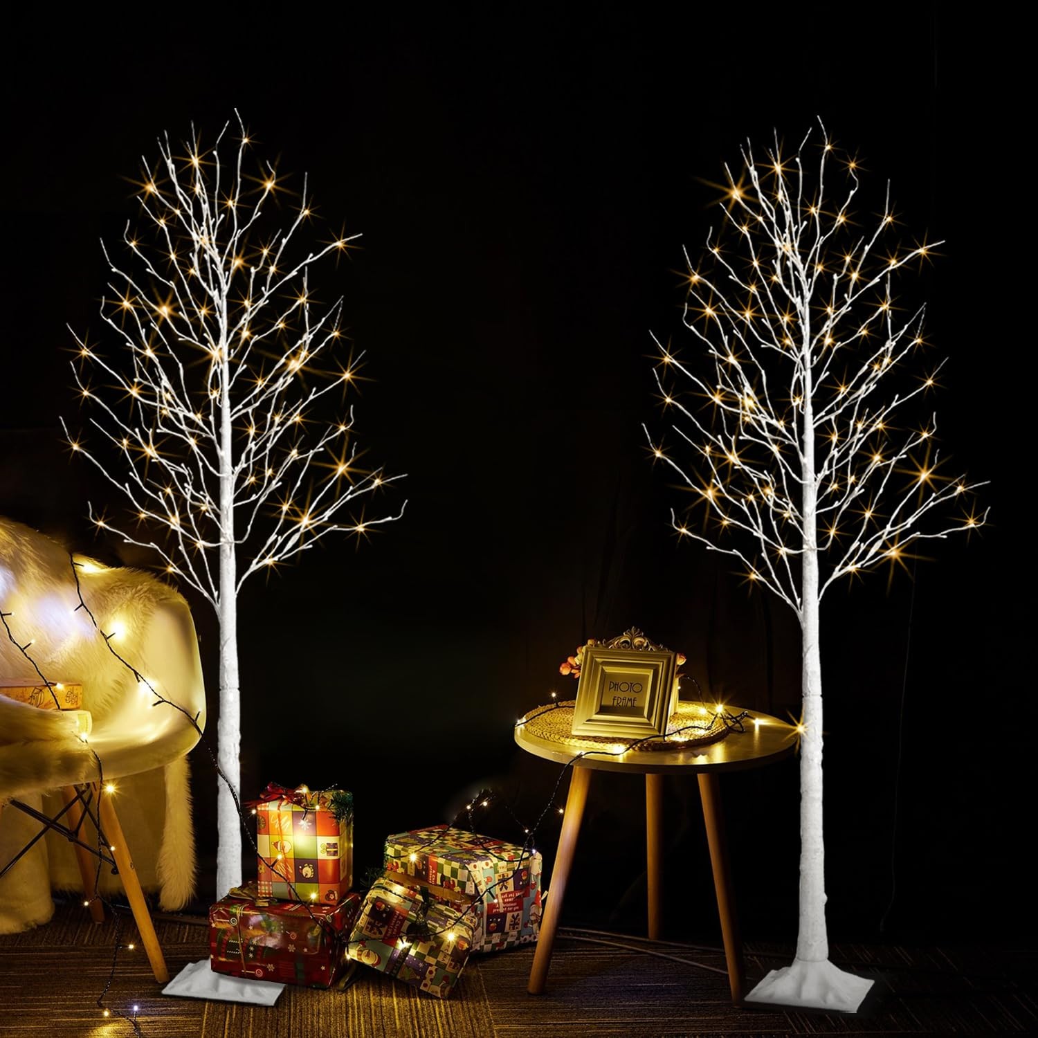 Birch Tree Lights,2 Pack 6 Feet Prelit White Artificial Christmas Trees,Birch…