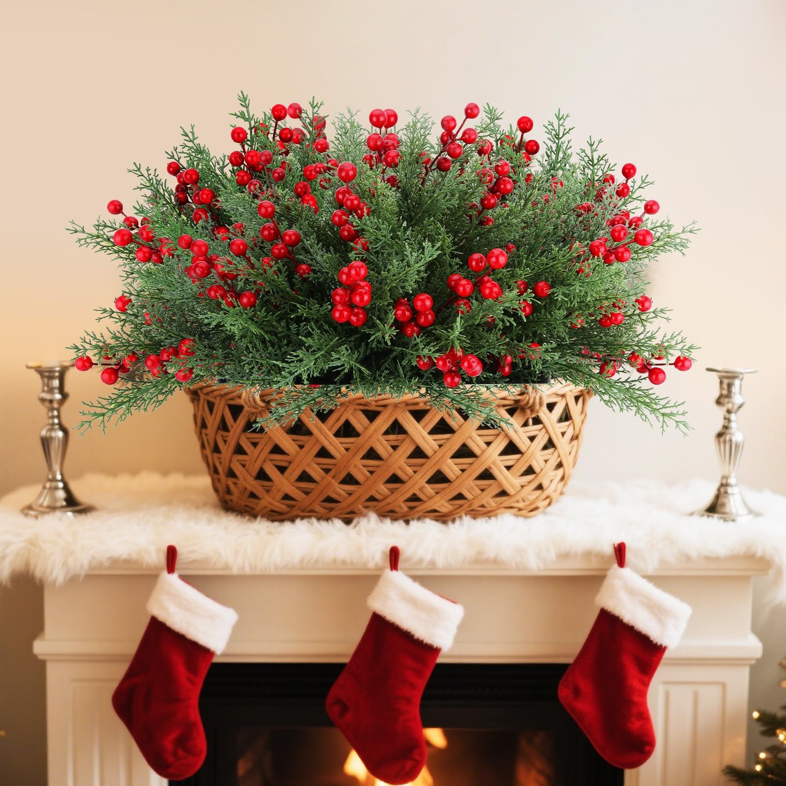 4 Bundles 140 Pcs Artificial Christmas Flowers with Red Berry Stems, Fake Nor…