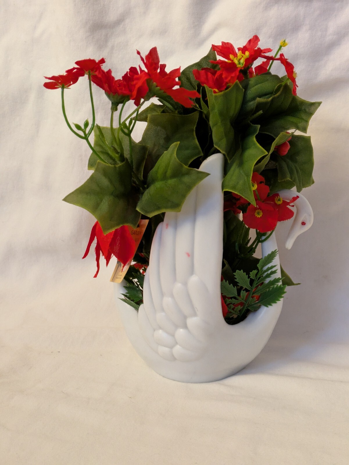 Vintage Artificial Red Flower White Plastic Swan Big Wing Planter Markovitz