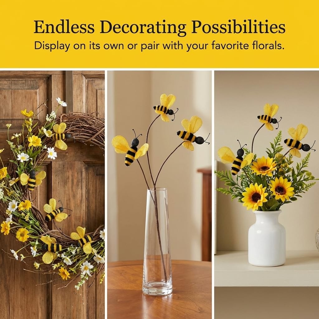 Bumblebee Spray Pick Rustic Decor – Burlap Bee Floral Stem for Wreaths Arrang…