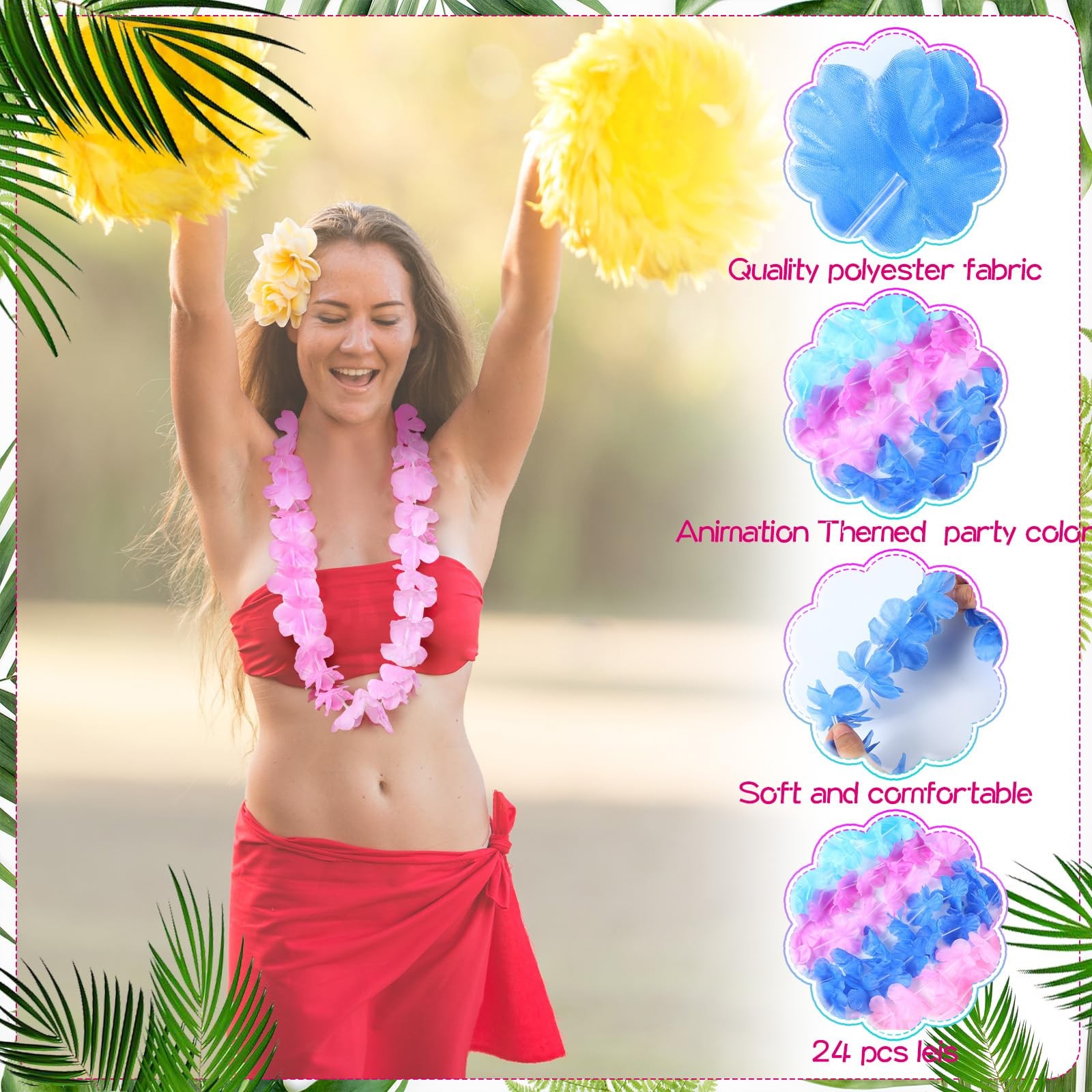 24 Counts Hawaiian Leis Bulk Luau Party Silk Flower Necklace Blue Pink Tropic…