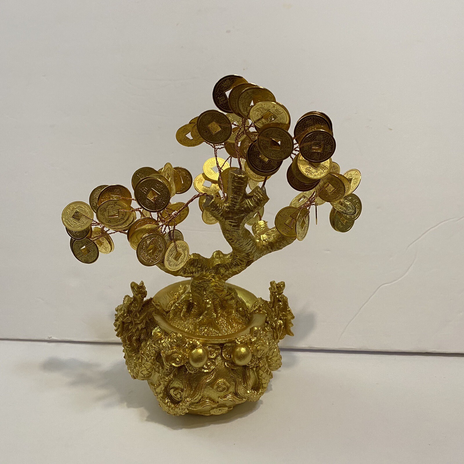 Feng Shui 9 “ Tall Money Tree Dragon Pot w/ Gold Coins Decor. for Luck / Wealth