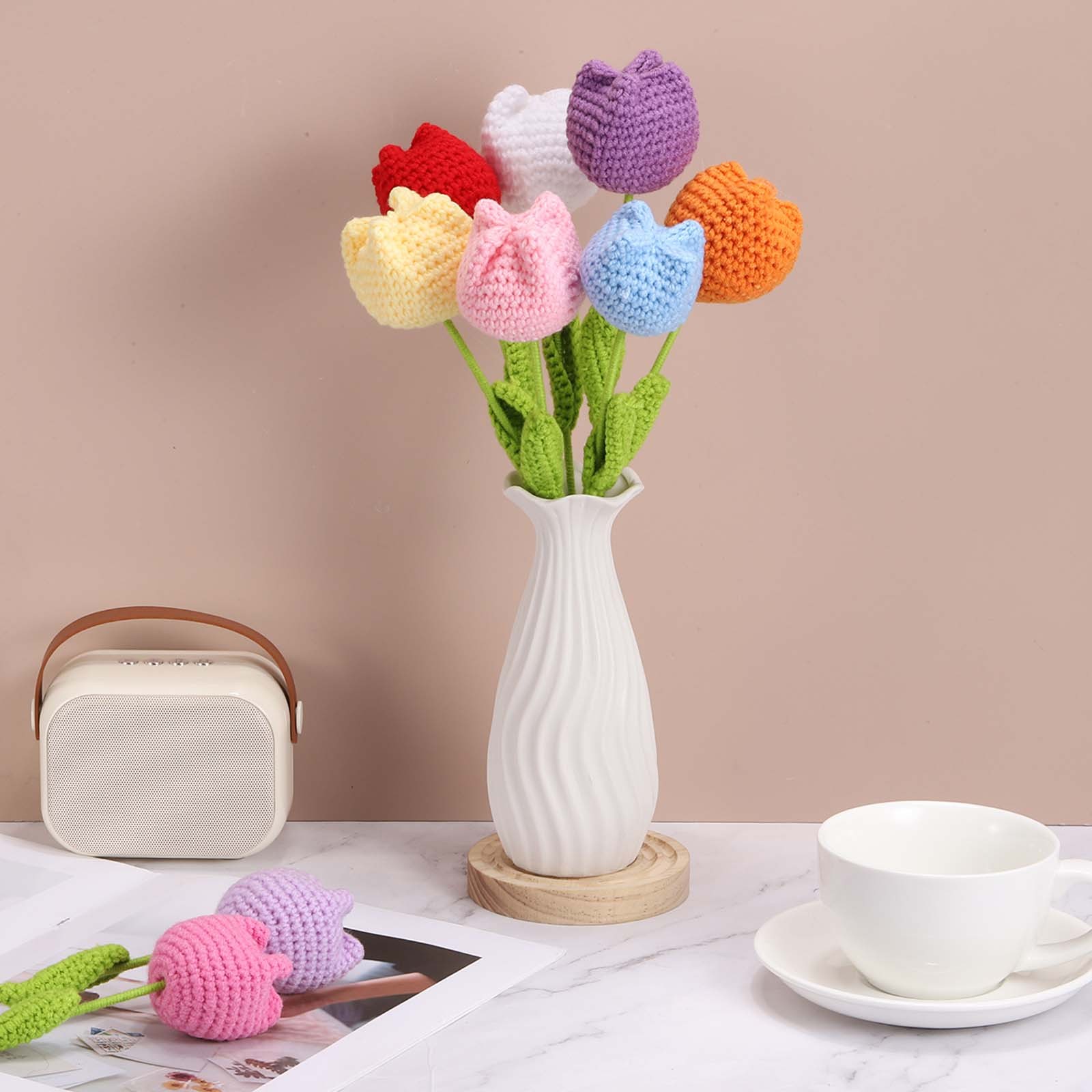 2Pcs Crochet Flower Tulip Handmade Knitted Bouquet Pink,