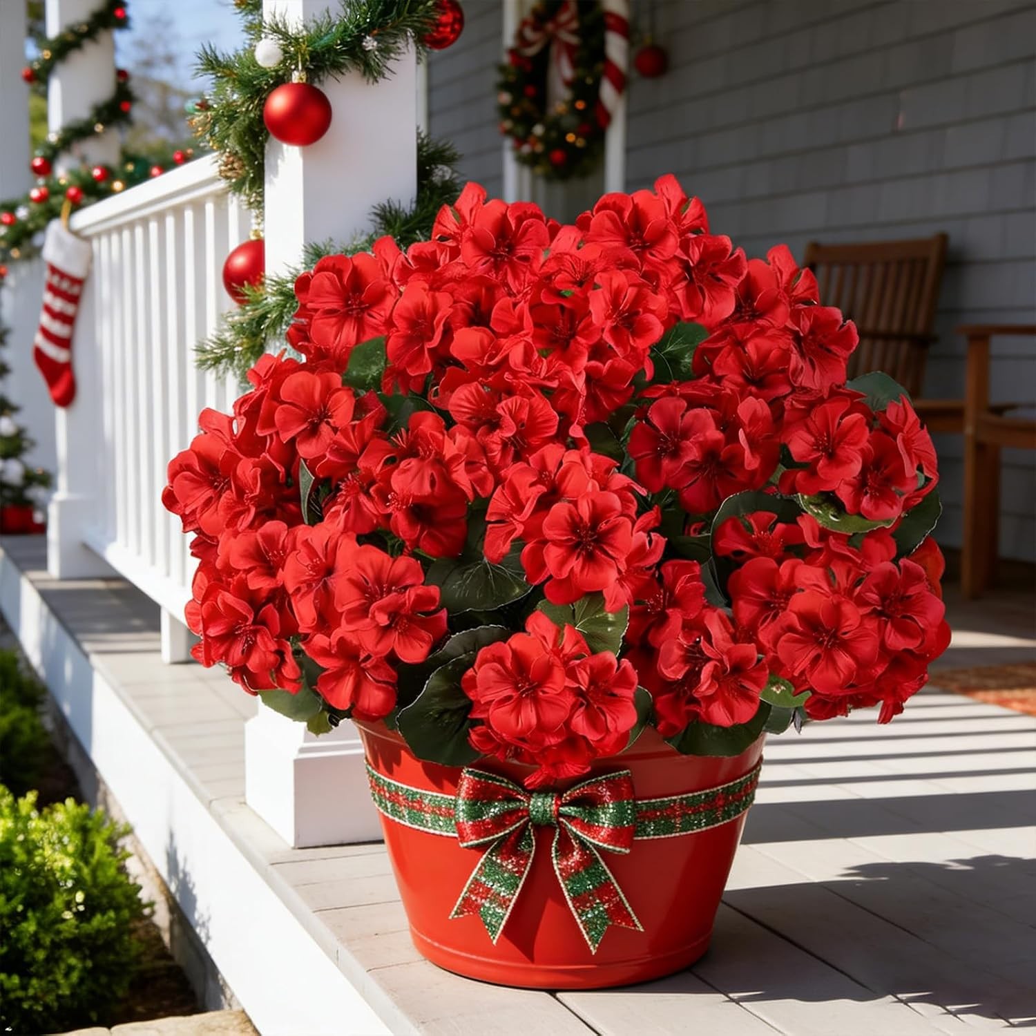 6 Bundles Red Geraniums Silk, Artificial Outdoor Planter Decor