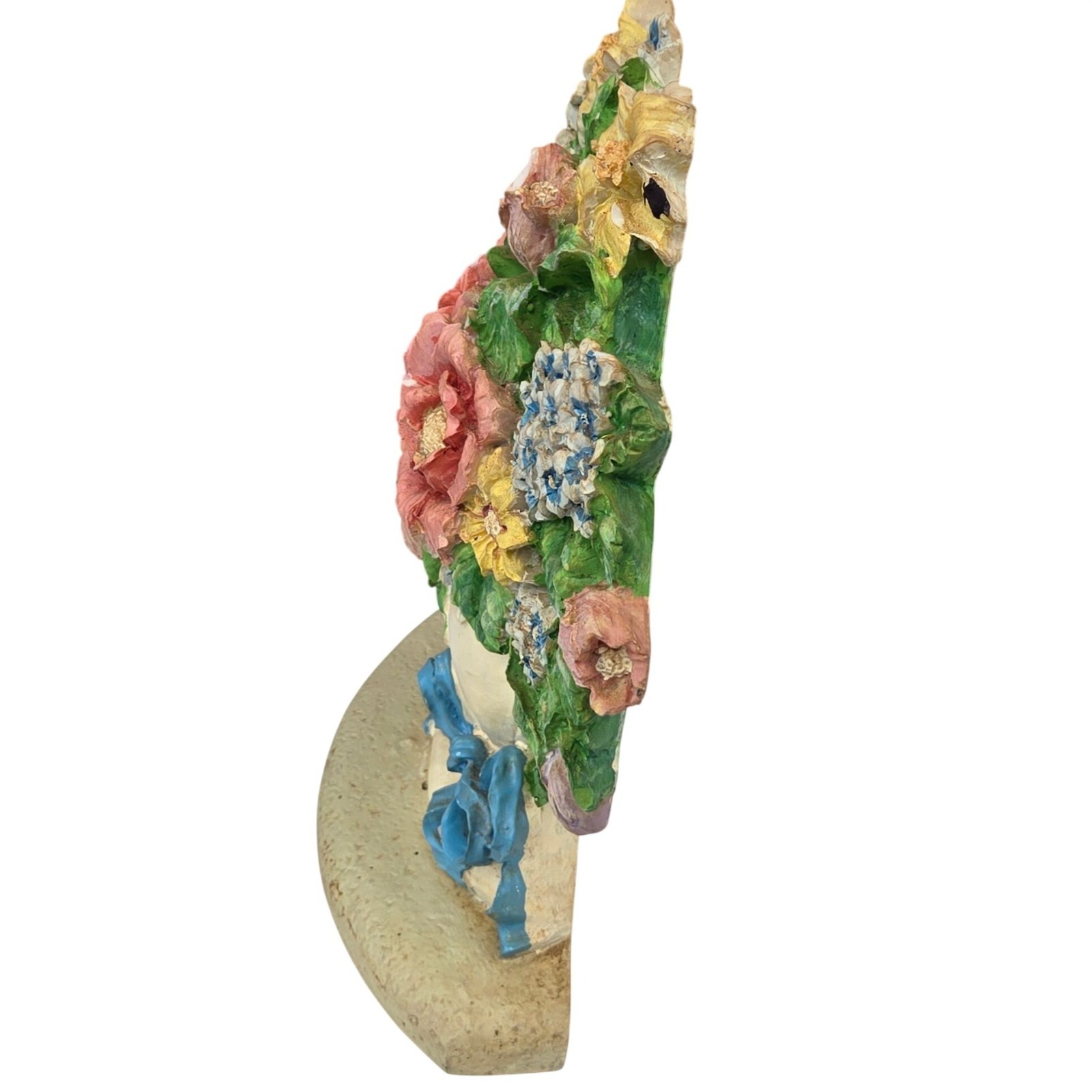 Vintage Flower Arrangement Doorstop Shabby Cottagecore Floral White Blue Ribbon