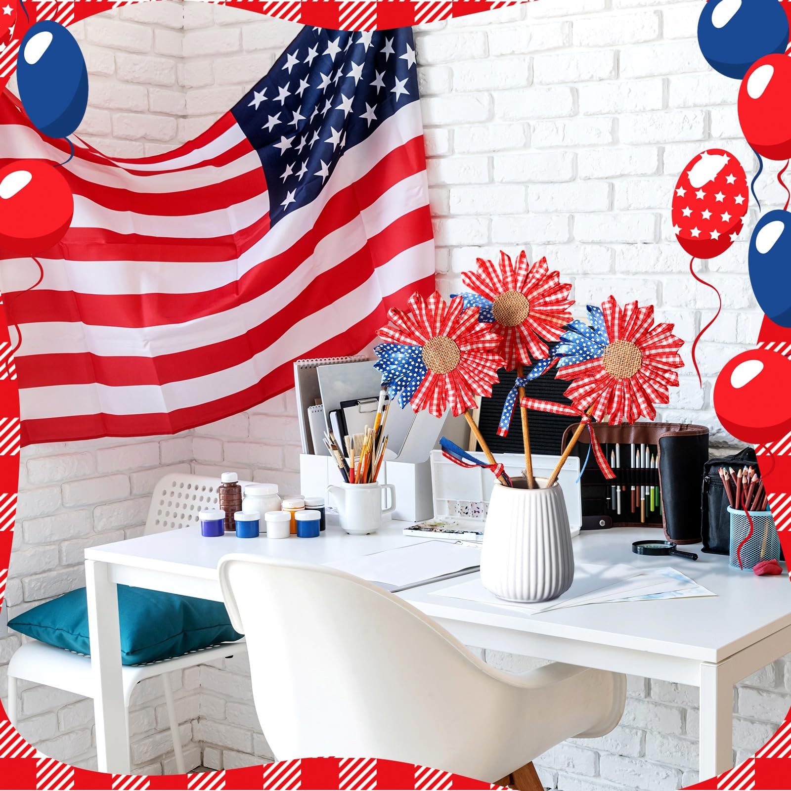 3 Pcs 4th of July Patriotic Flowers Artificial Independence Day Red White Blu…