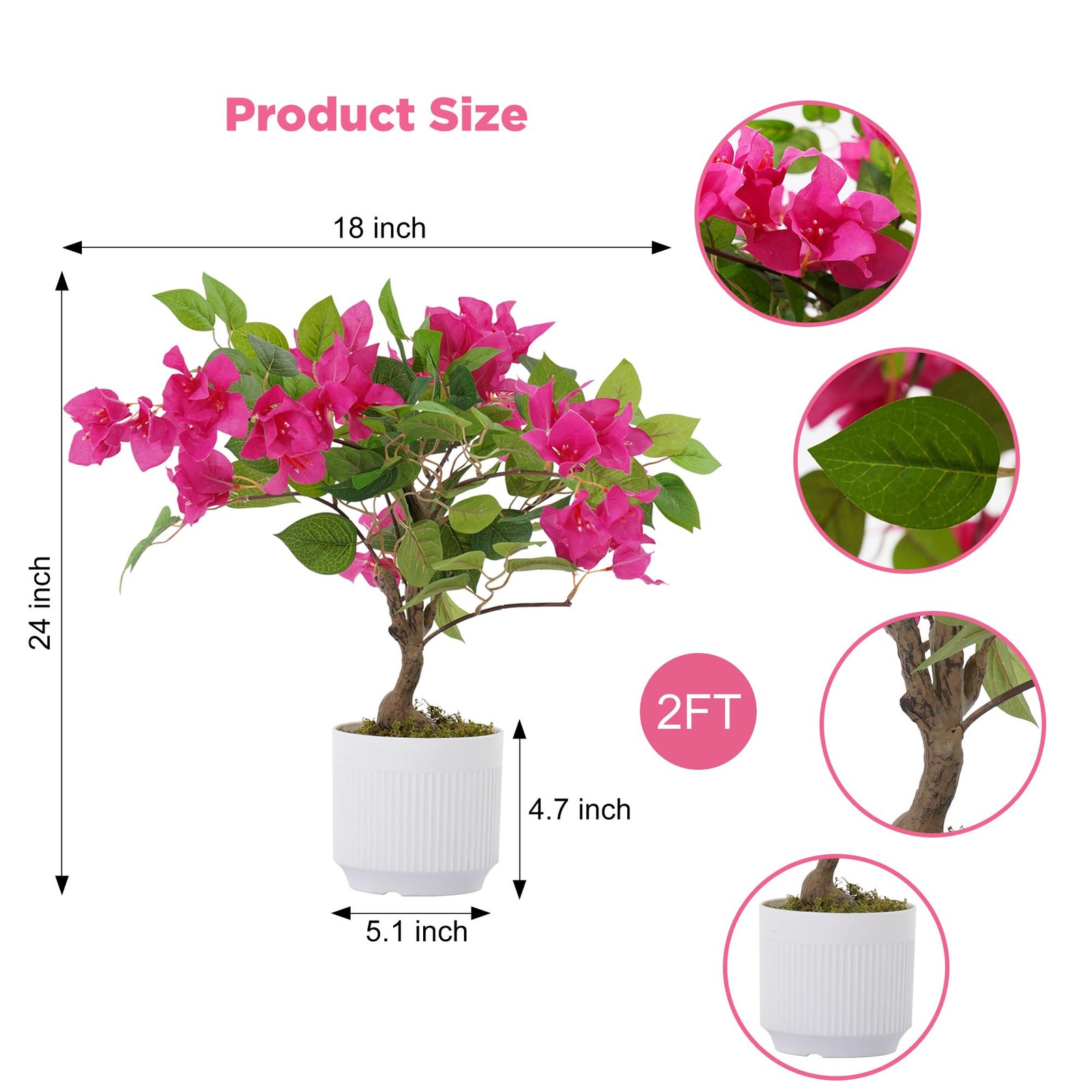 2 Pack Artificial Bougainvillea Tree, 2FT Faux Bougainvillea Plant with Vibra…