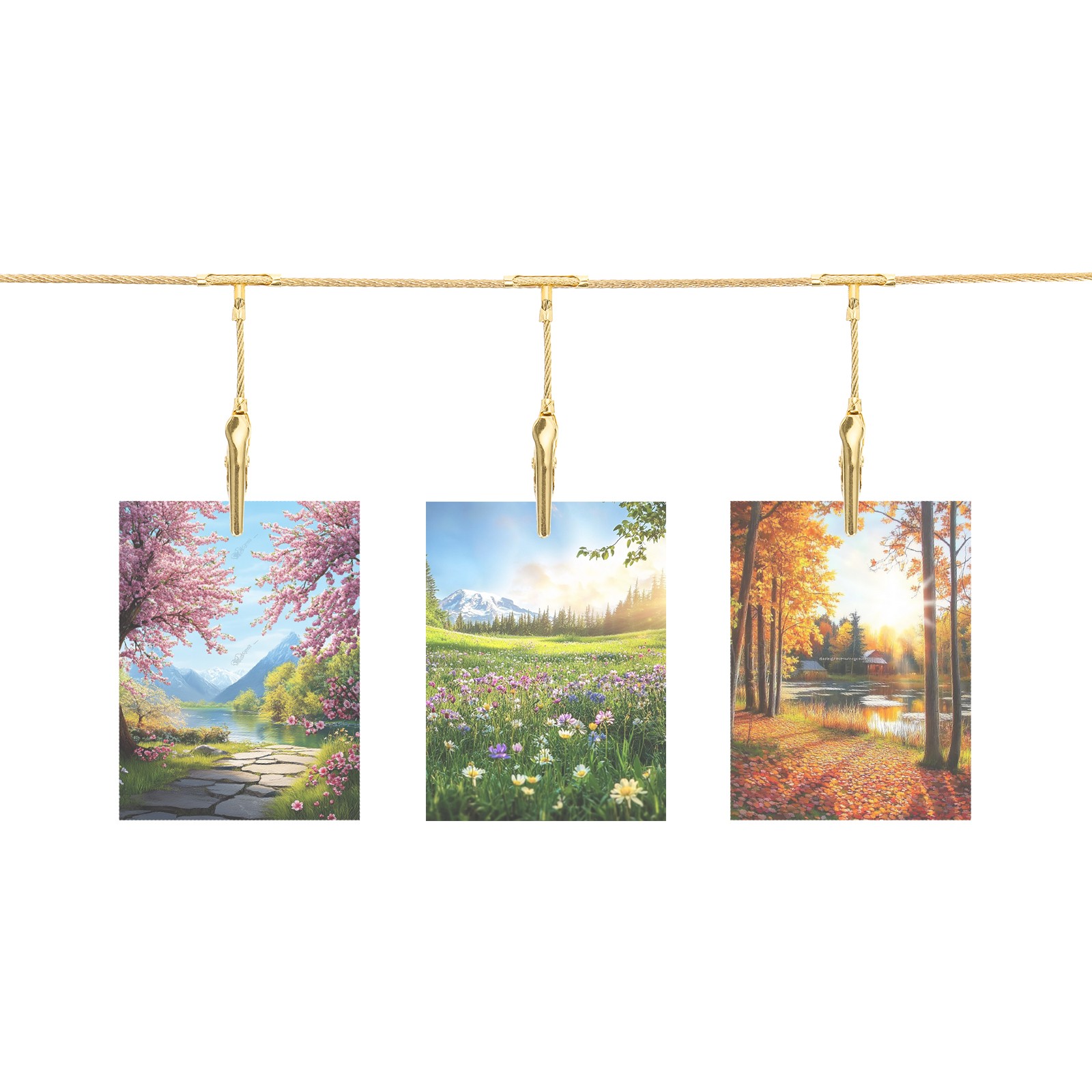 2pcs Wall Hanging Photo Display Cable Wire Rod with 24 Alligator Clip Gold5Ft