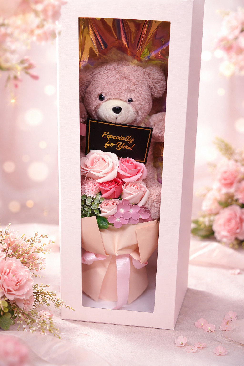 Teddy Bear Rose Flower Pink Bouquet Holiday Gift Box Anniversary Romantic Gift