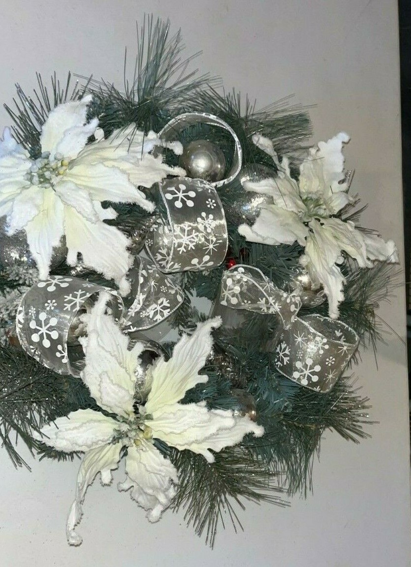 Gorgeous Winter / Christmas Wreath for Front Door With White Flowers and Ribbon