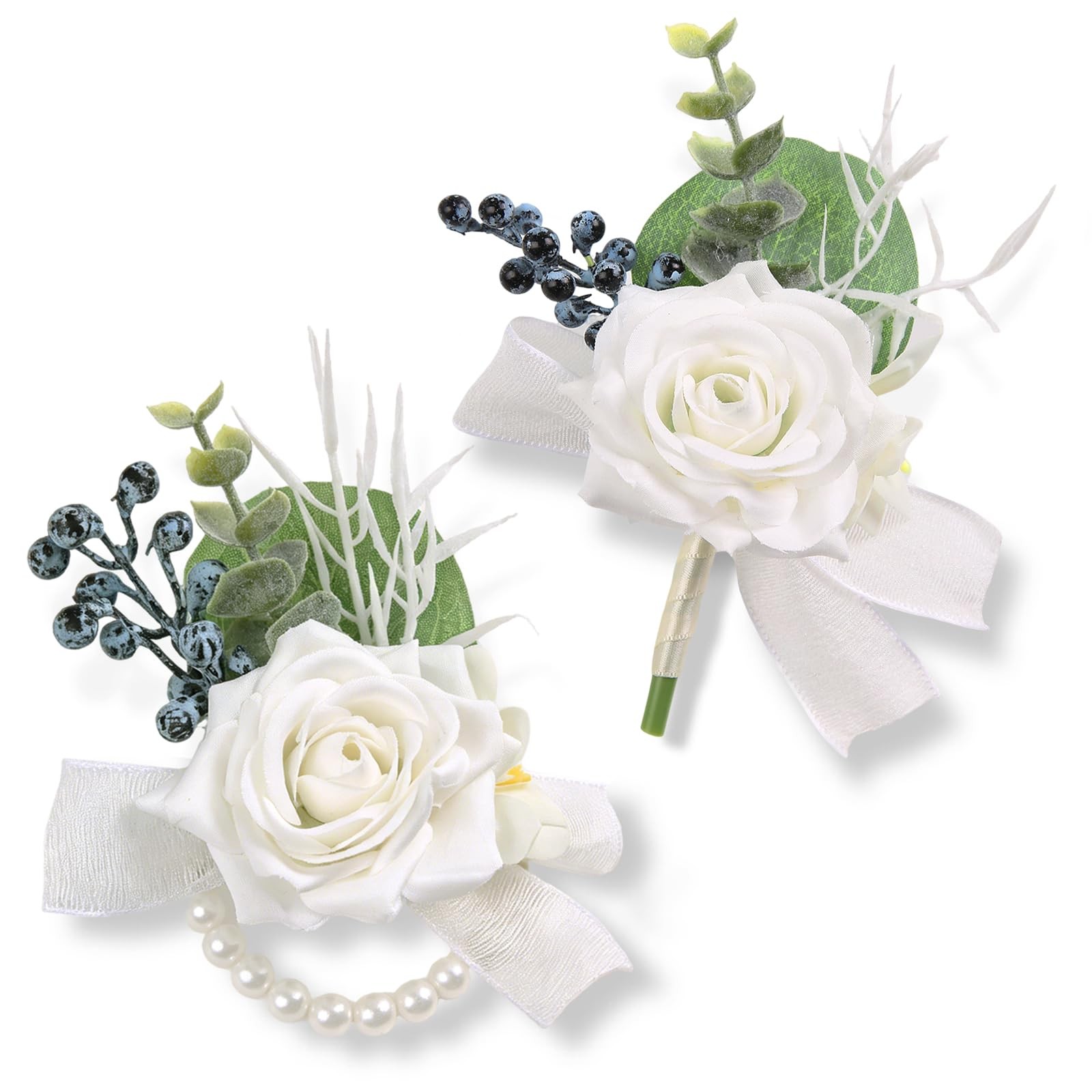 White Artificial Silk Rose Corsage and Boutonniere Set for Prom