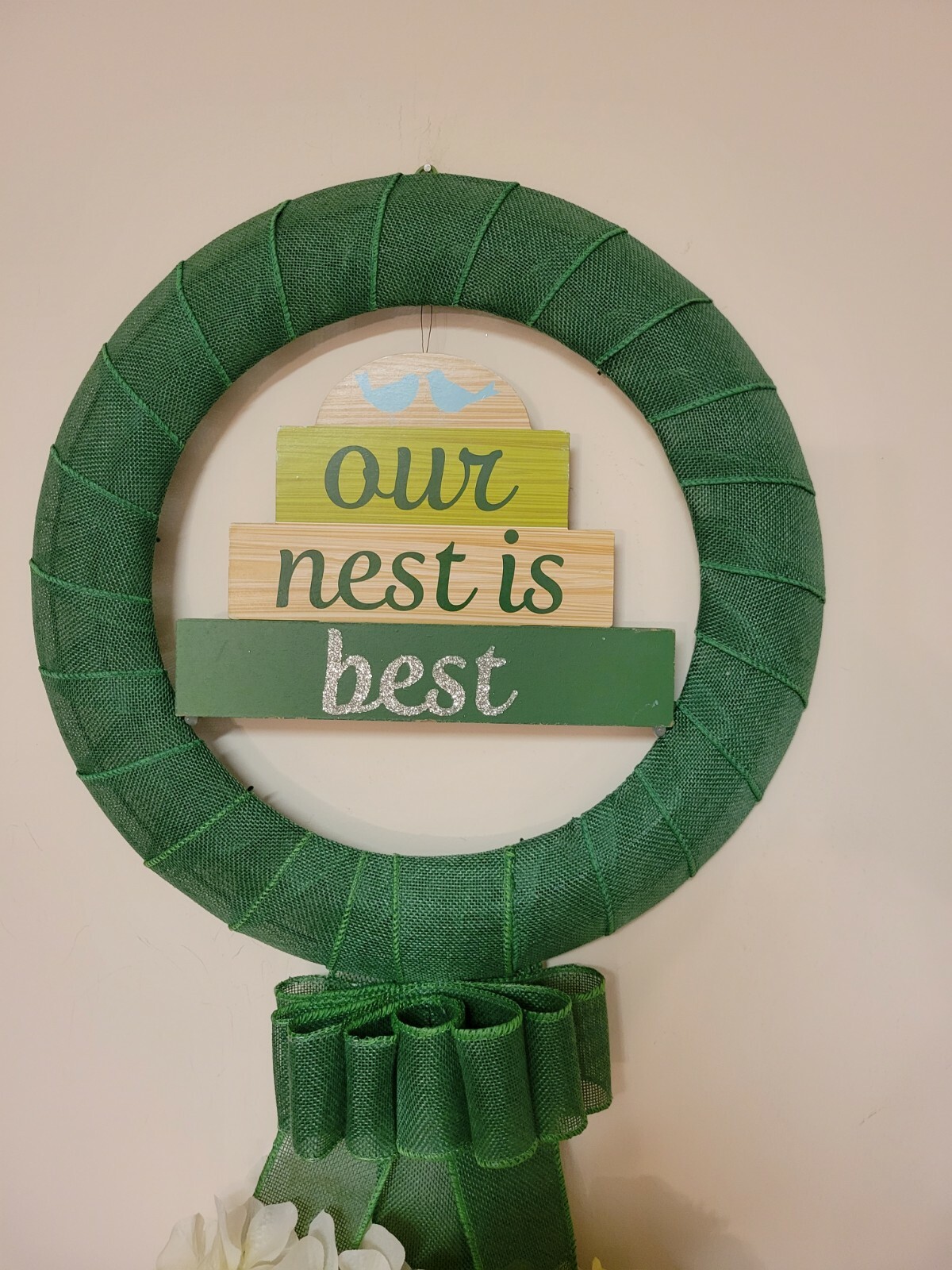 OUR NEST IS THE BEST wreat WHITE GREEN Hydrangeas burlap Decor Front Door SUMMER