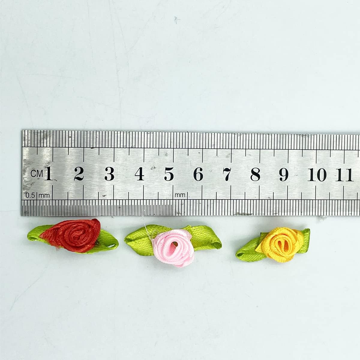 Mini Ribbon Roses, 100Pcs Artificial Fabric Flowers with Green Leaves Mixed Colo