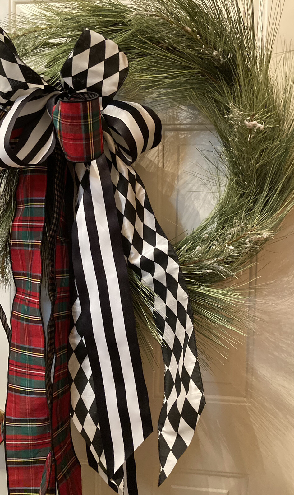 Long Snowy Needled Pine Wreath Wrapped In Exquisite Ribbon
