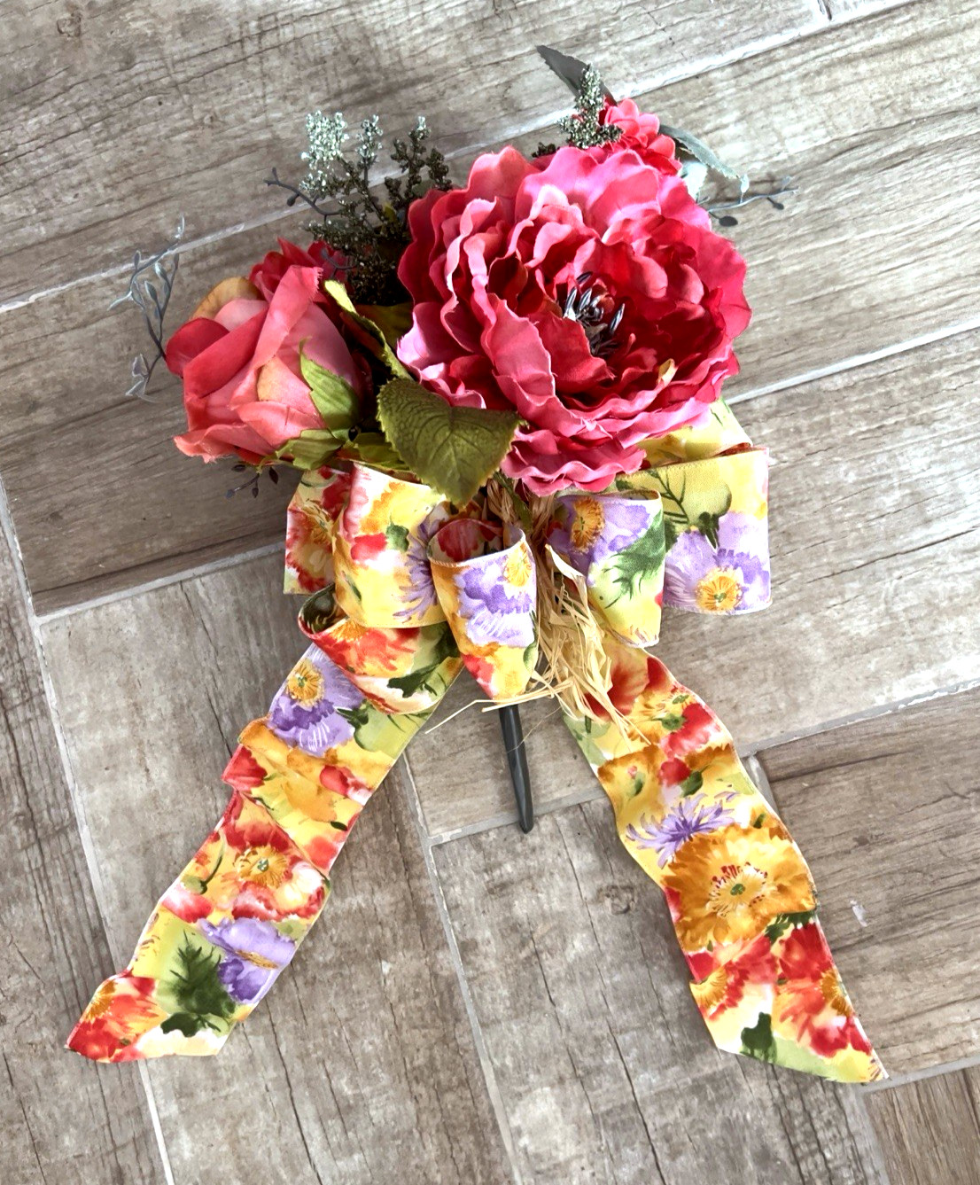 SPRING Flower BOUQUET Handmade Bow Coral Red Yellow Purple Peony Rose Zinnia