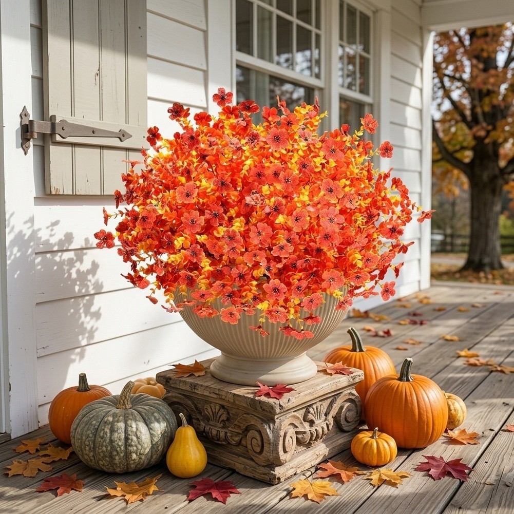 12 Pack Artificial Orange Mums For UV Resistant Autumn Flowers 35cm Plastic