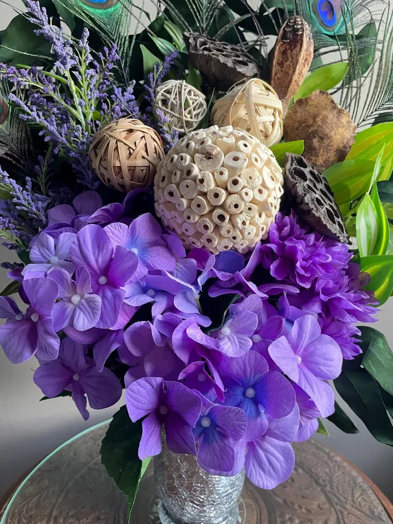 Peacock Centerpiece: Purple & Green Floral Arrangement, Cute Earthy Home Decor