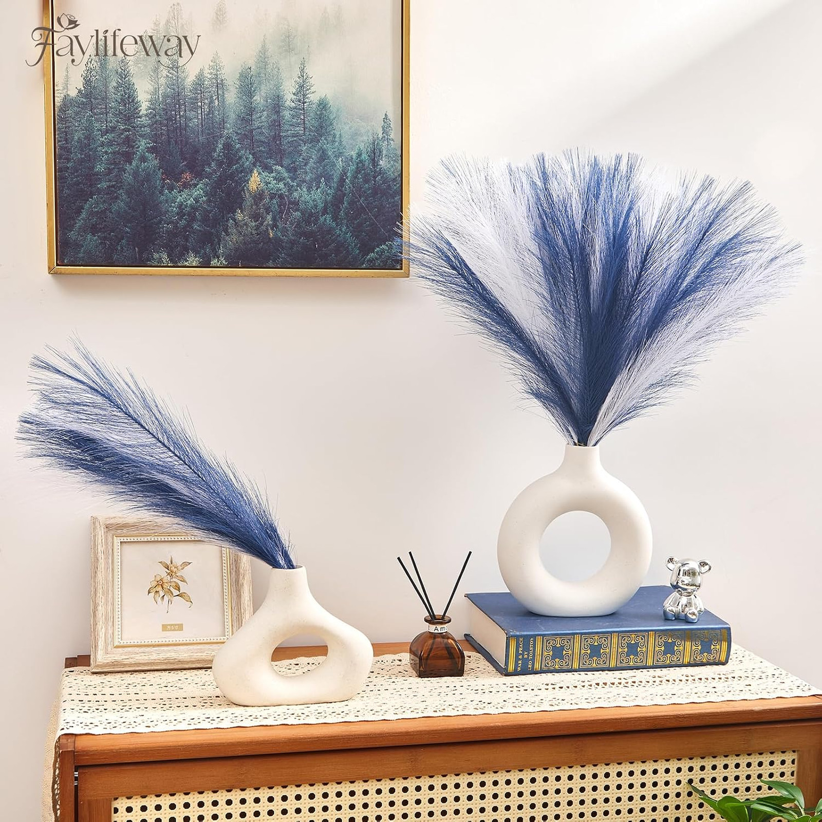 Artificial Pampas Grass Decor 50pcs 17 Inch Fluffy Blue White Vase Filler Home