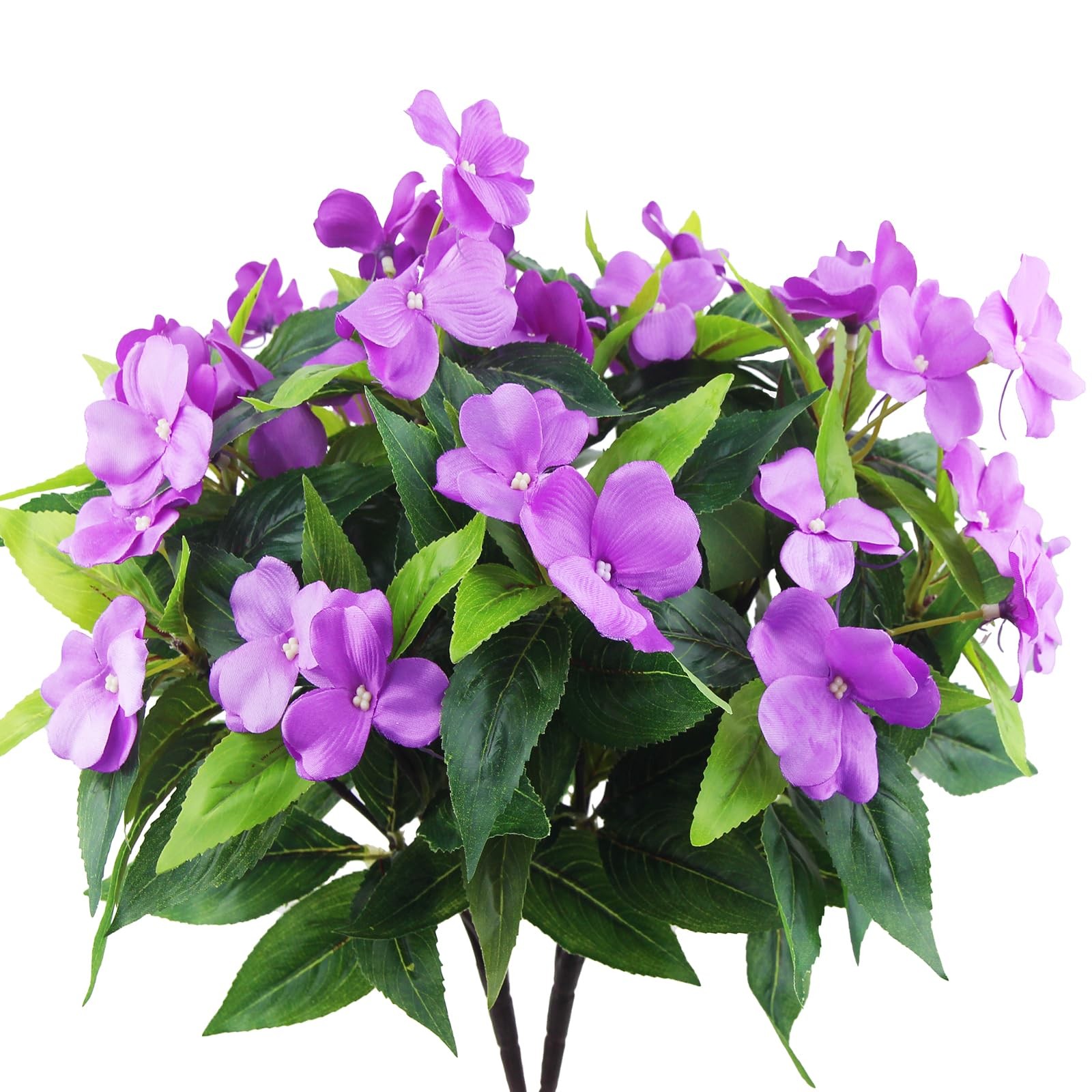 2 Pcs Artificial Purple Impatiens Flowers Outdoor Silk Faux Bush Planter Basket