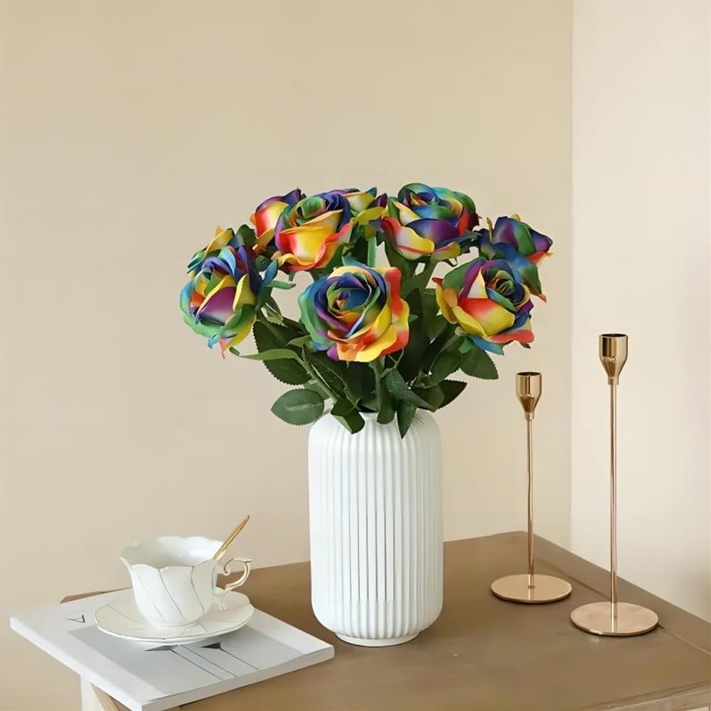 Laelfe 12 PCS Artificial Flowers Rainbow Roses Silk Flowers Fake Long Stem