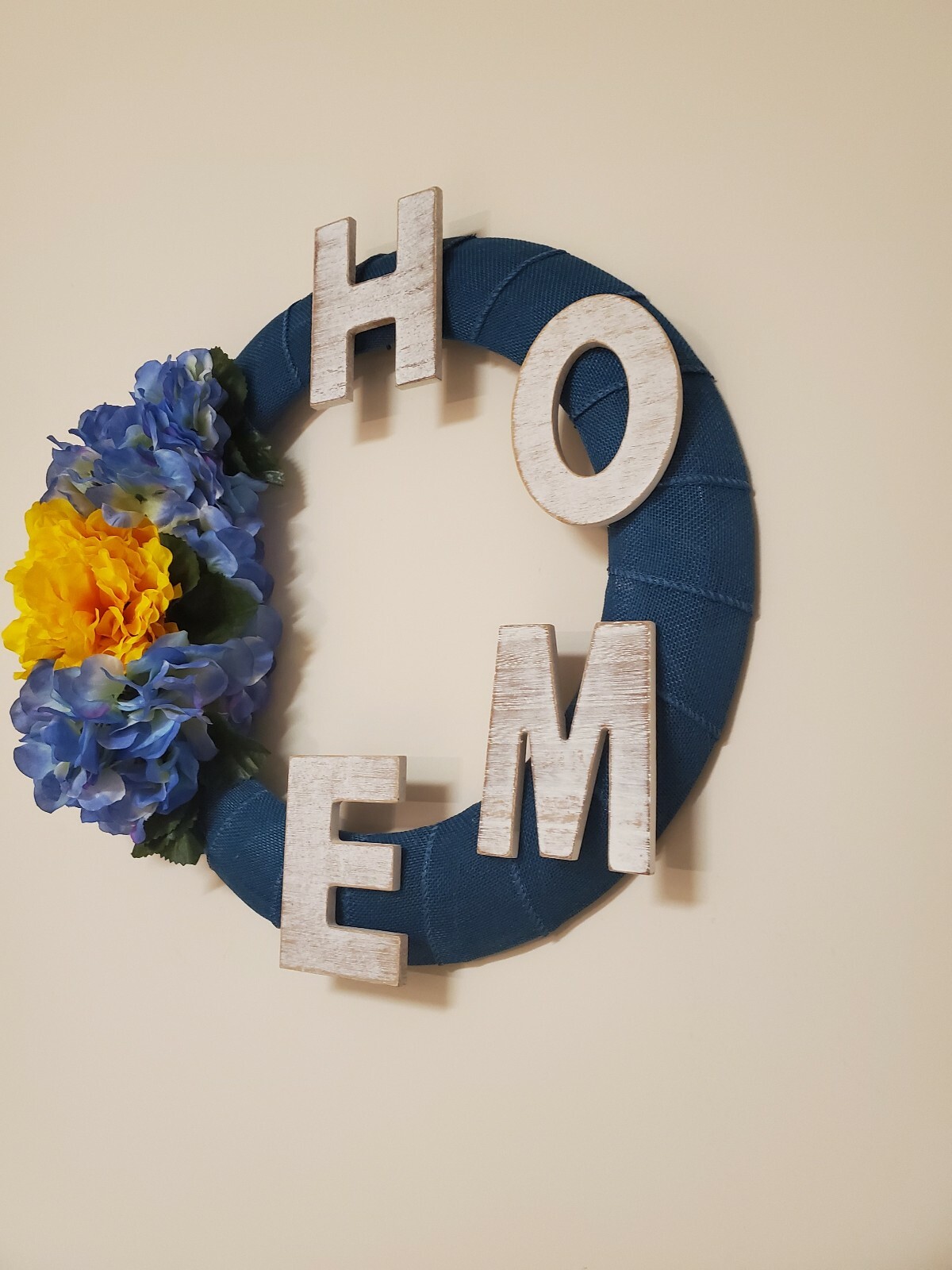 HOME blue teal FLOWERS Hydrangeas burlap WREATH FALL autumn Decor Front Door 15″