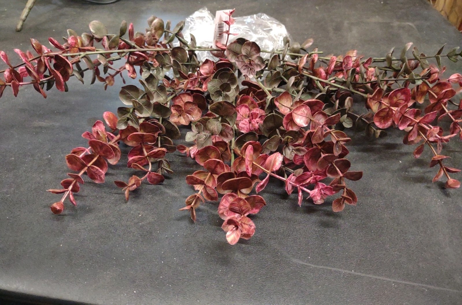 Plastic Spiral Eucalyptus Bush, Deep Moss Green & Dark Red, 6 Stem 13″ Baby Euc