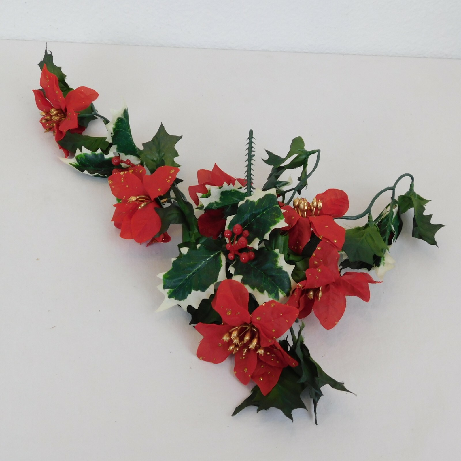 3 Piece Artificial Floral Pieces Holly & Berries Poinsettia Fern Red White Green