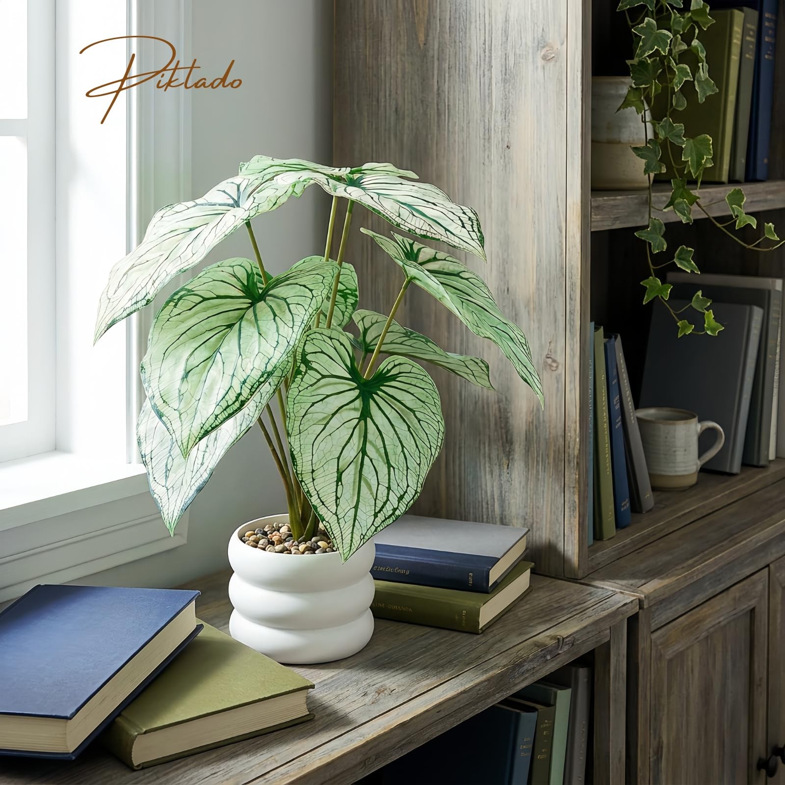 Faux Caladium Bicolor Plants in White Pot, 15.7″ Tall Fake Alocasia Potted Se…