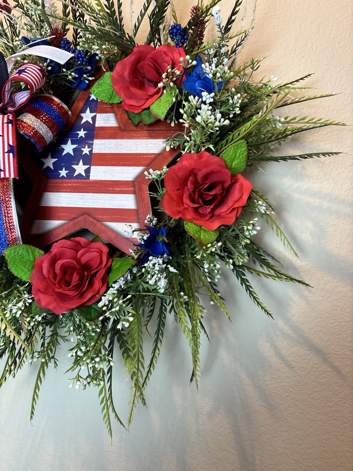 Patriotic Wreath USA Flag Red White Blue Front Door Decor Bow
