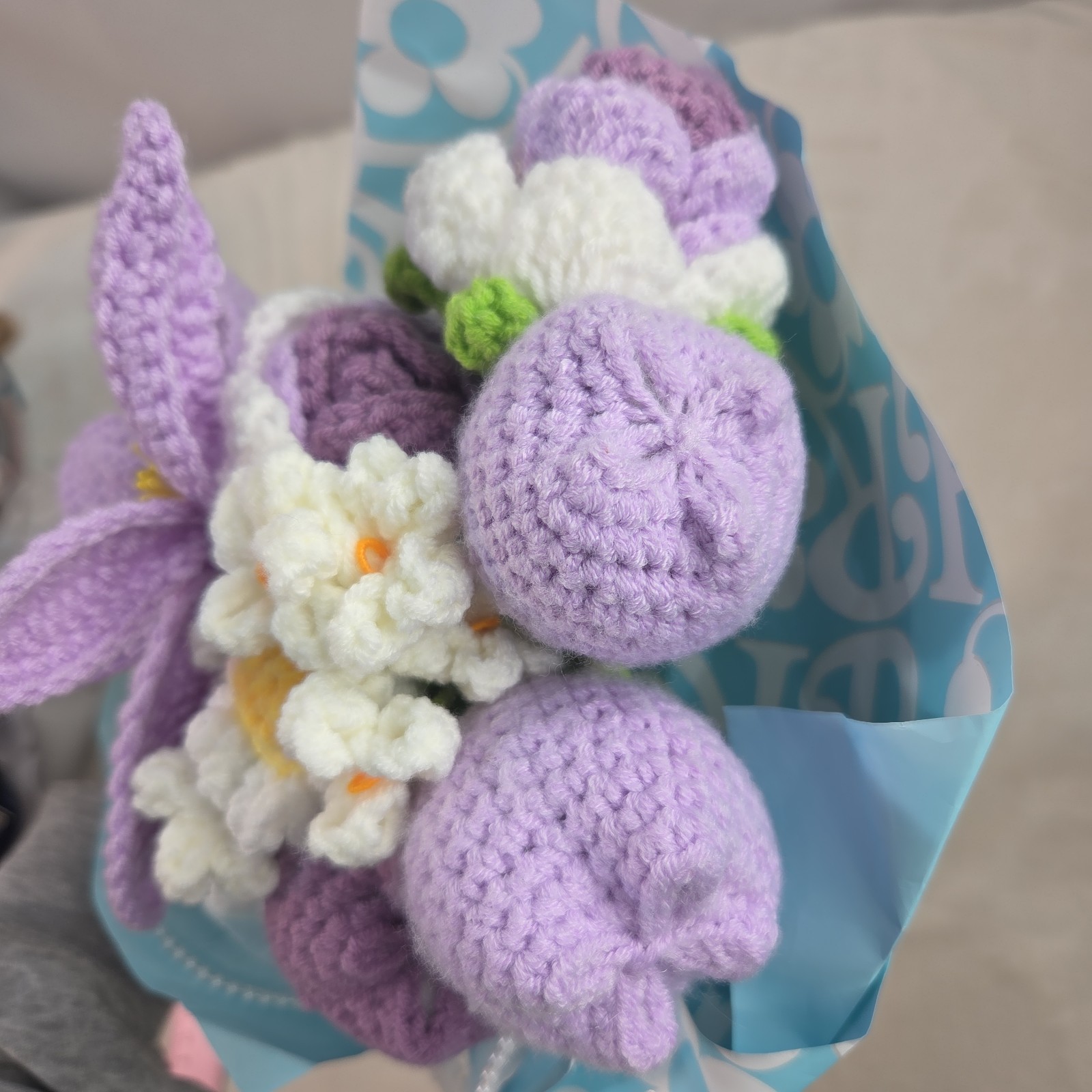 Crochet Flower Bouquet Purple Handmade Knitted Flowers Rose Tulips Bunch Bundle