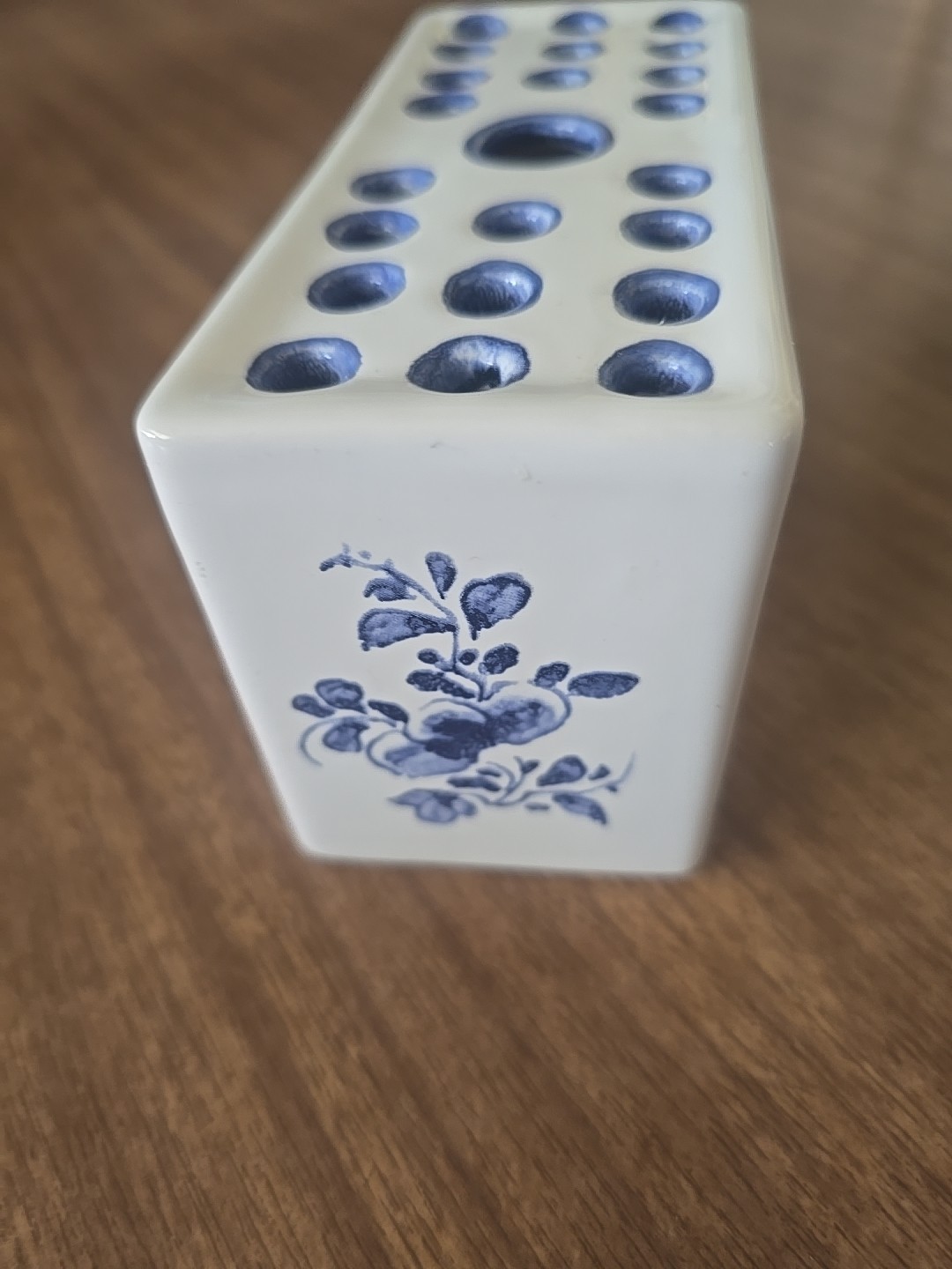 Hand Painted Ceramic Blue and White Flower Frog Vase, 1992 Made in Portugal