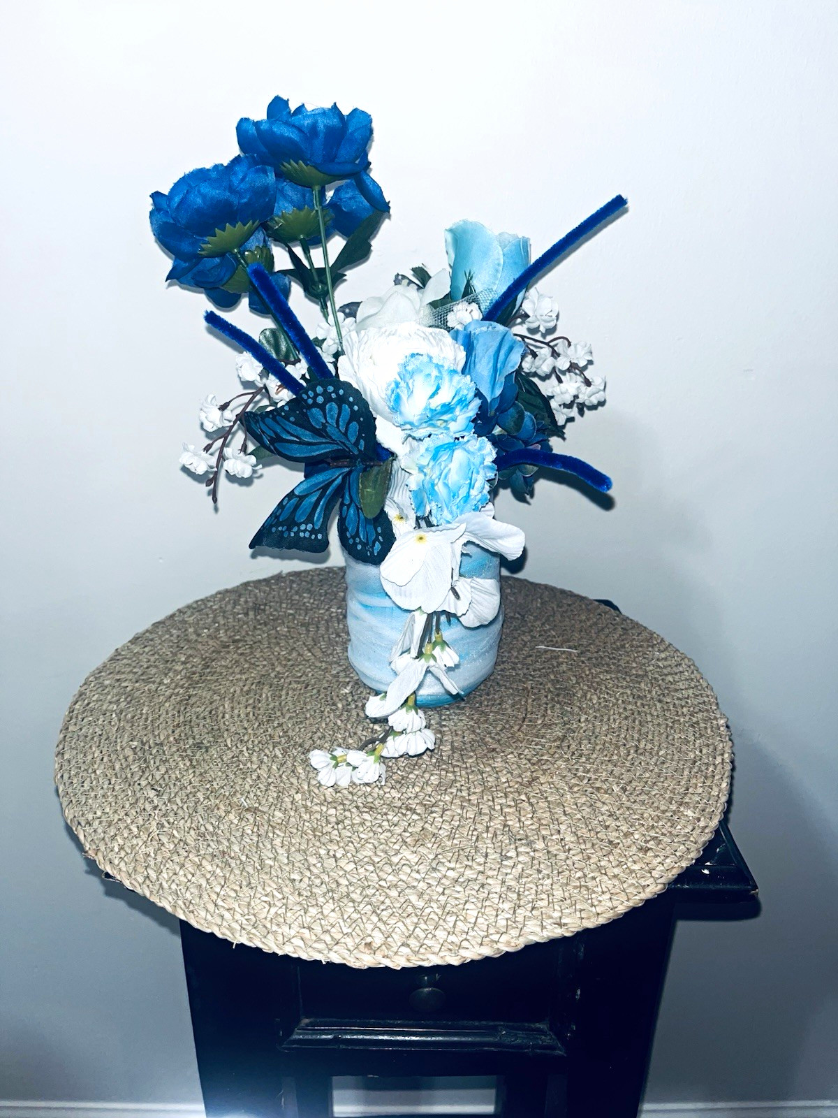 Blue & White Artificial Flower Arrangement w/ Roses, Orchids