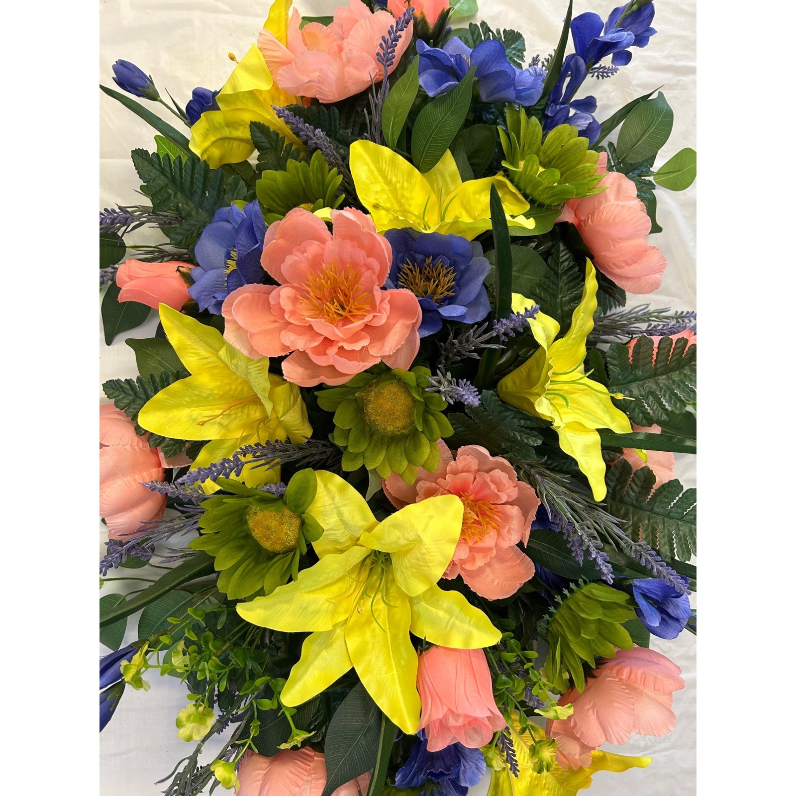 Large Artificial Floral Cemetery Spray Yellow Lily Coral Peony 36 Inch Swag