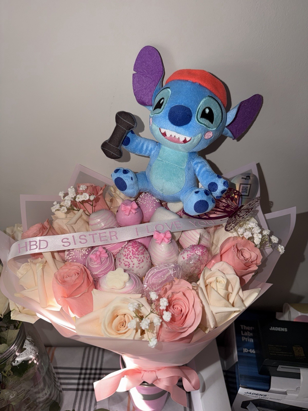 Fresh Rose Birthday Bouquet with Cartoon Plush – Pink, Cream, White Arrangement
