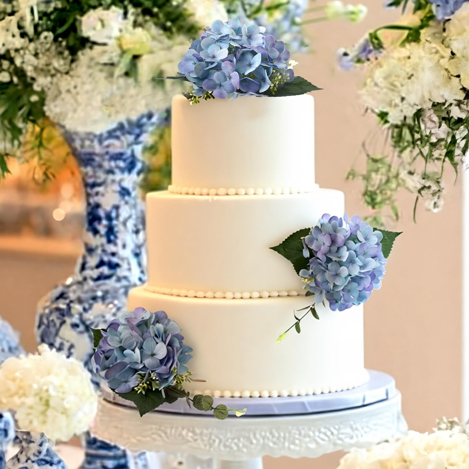 3 Pcs 7.87 Inches Pre-Made Blue Hydrangea Cake Toppers, Faux Flowers Decor fo…