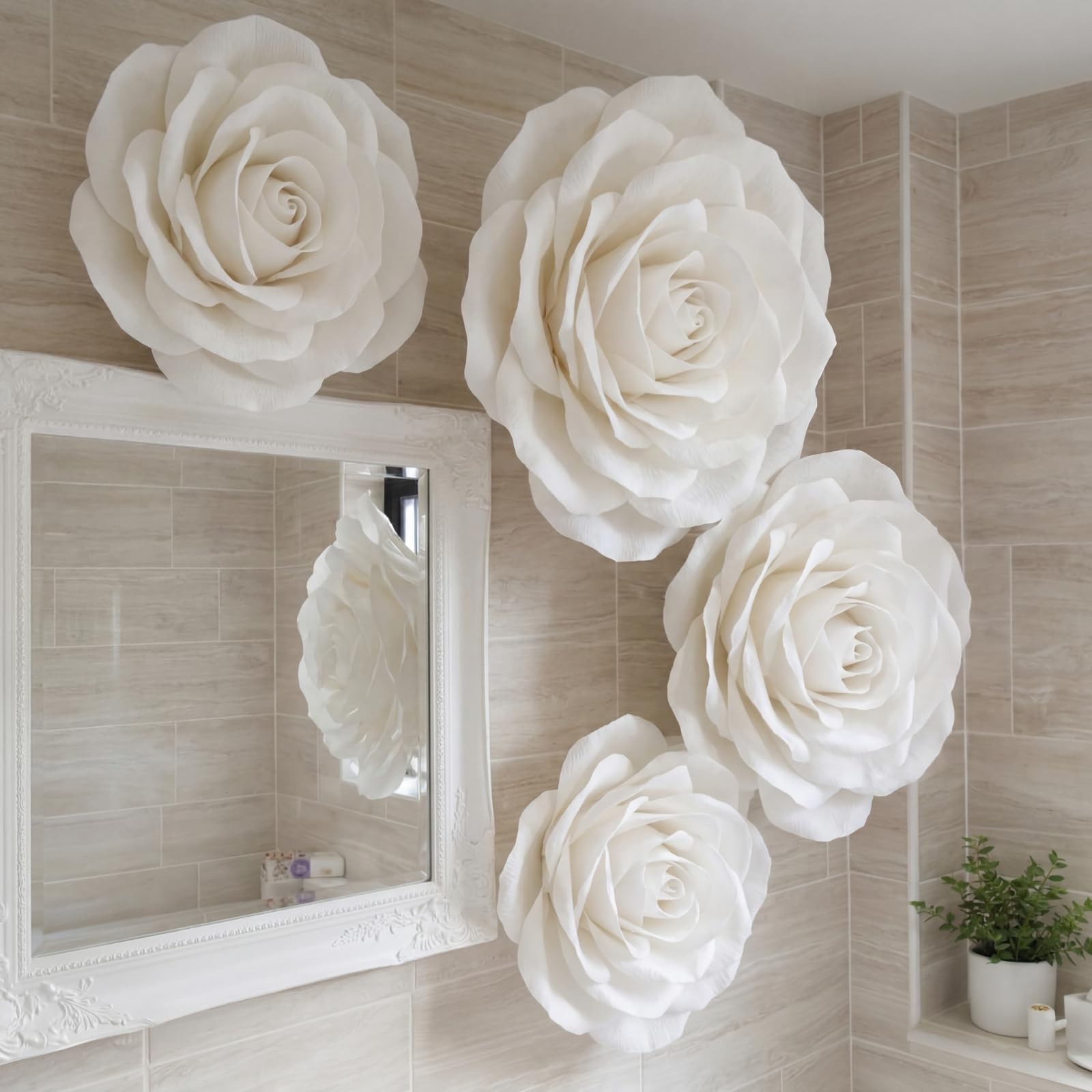 3 Pcs Giant White Velvet Roses – 12, 16, 20 Inch Paper Flowers for Wedding, Home